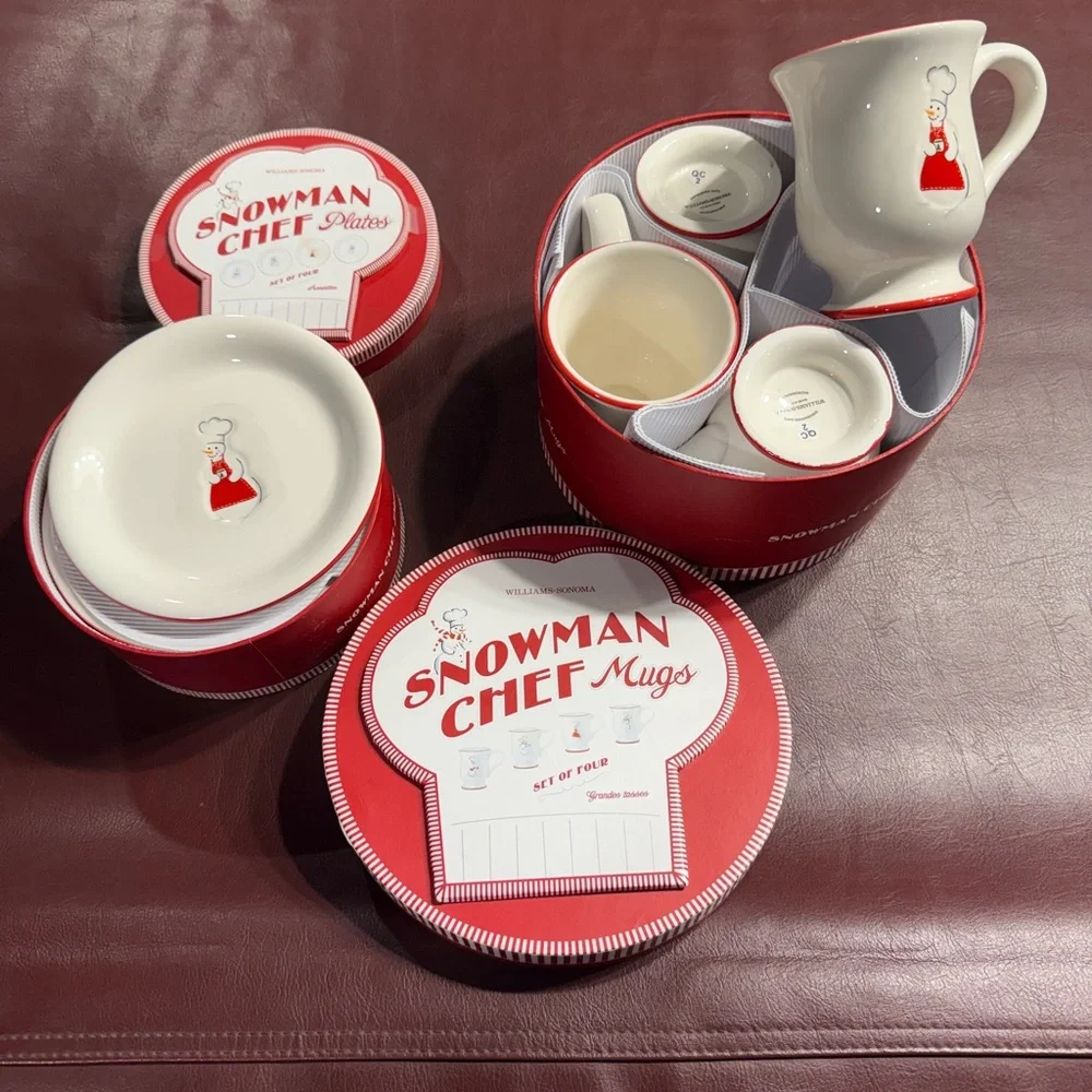 Williams-Sonoma Snowman chef mug set (4) and plate set NWT